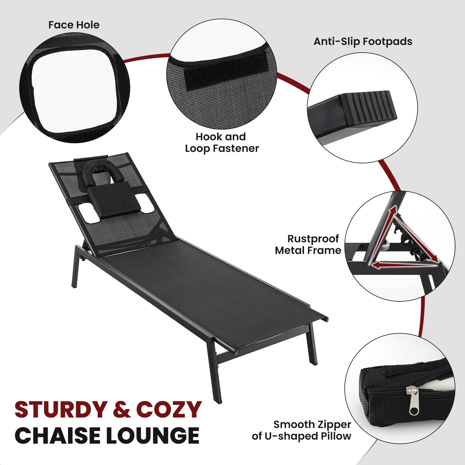 Giantex Patio Chaise Lounge Chair - Outdoor Lounge Chaise with Face Hole, Detachable Head Pillows, Black