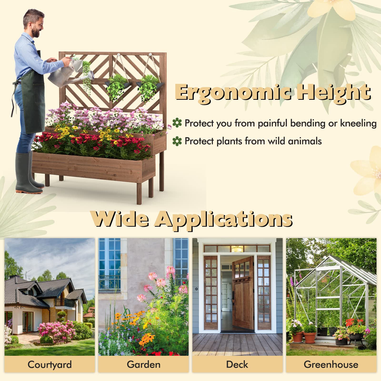 Giantex Raised Garden Bed with Trellis, 2-Tier Wooden Planter Box with Legs and Drain Holes (Brown)