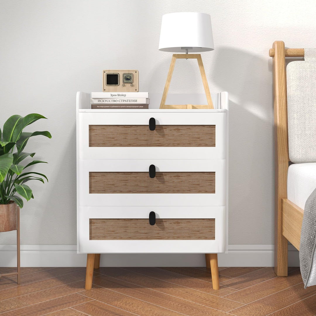 Giantex Rattan Nightstand, Boho 3-Drawer Dresser with 4 Solid Wood Legs