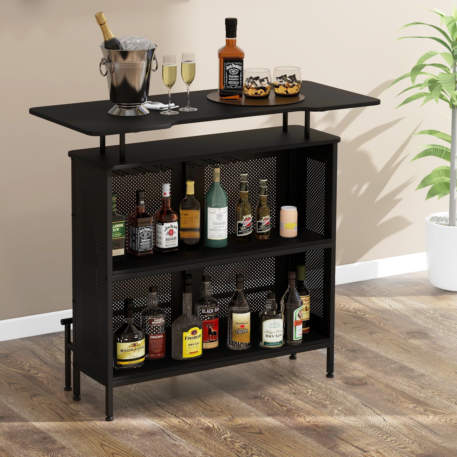 Giantex 4-Tier Home Bar Unit, Home Bar Cabinet w/ 2 Wine Storage Shelves & 6 Stemware Holders, Black