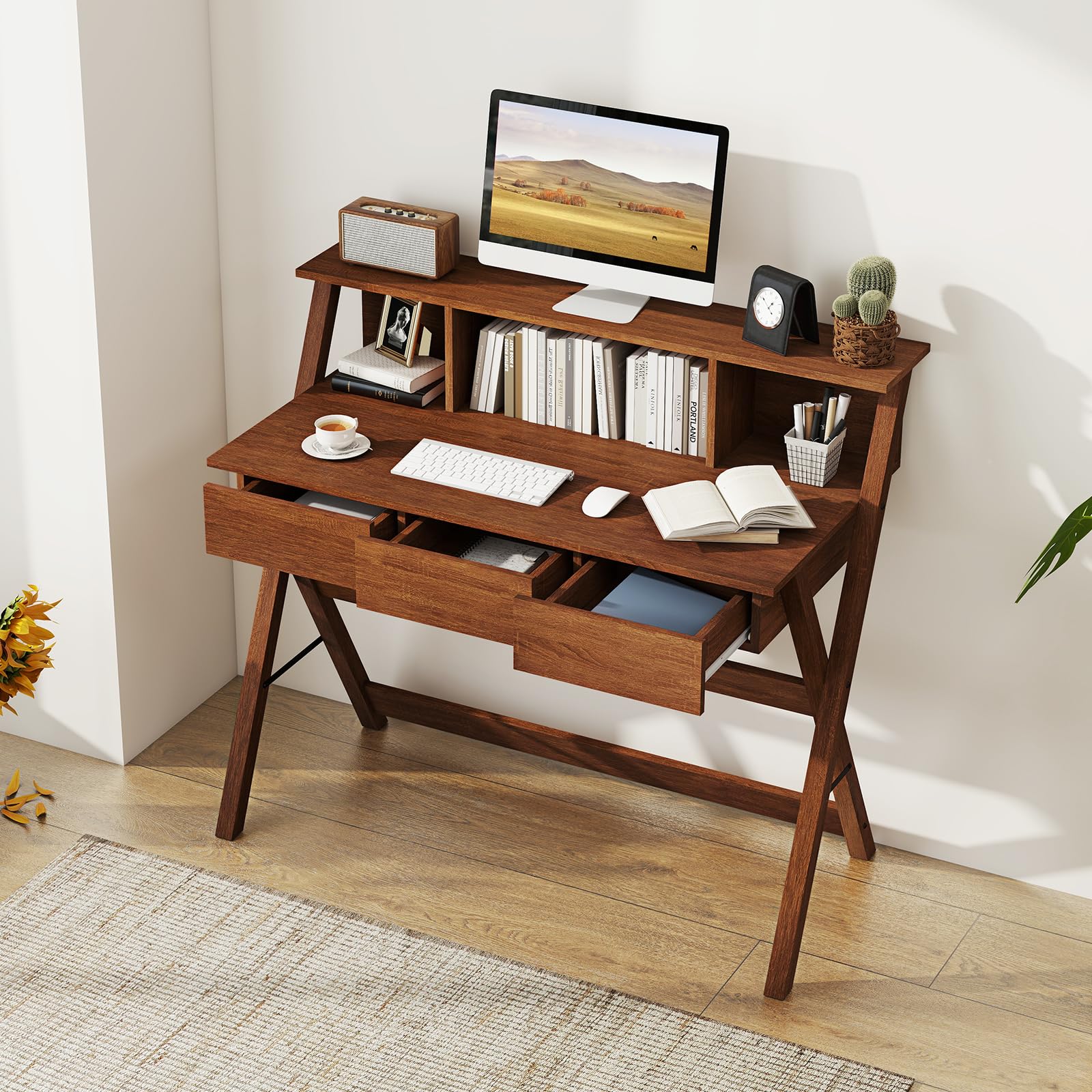 Giantex Mid Century Modern Desk with 3 Drawers