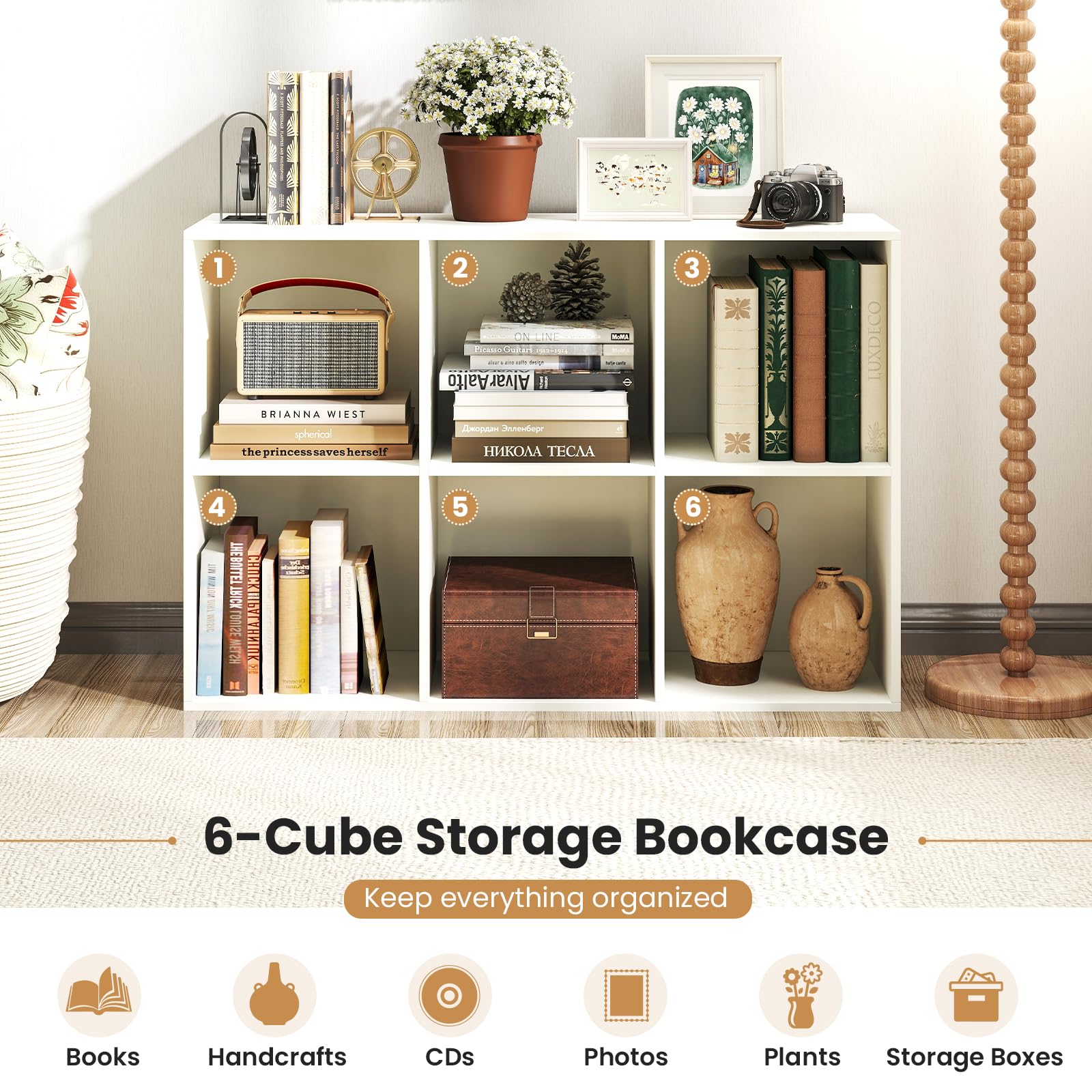 Giantex 6-Cube Bookcase, 3-Tier Cubby Bookshelf, Horizontal Vertical Display Rack with Anti-Tipping Kits