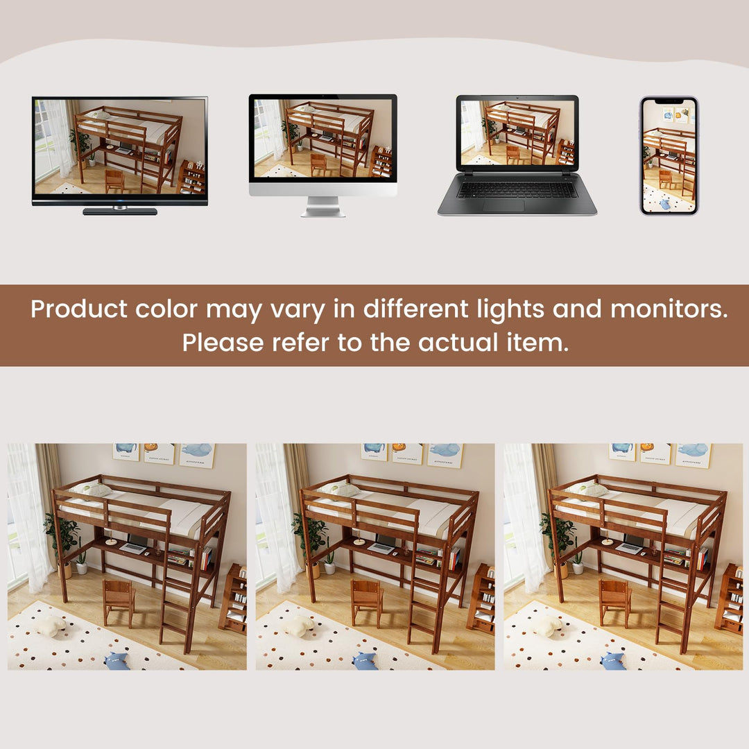 Giantex Twin Loft Bed with Desk and Bookshelf, Wooden Bed Frame with Safety Guardrail &amp; Ladder