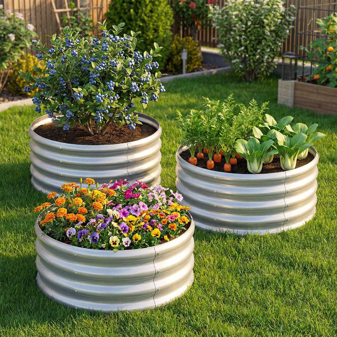 Giantex Galvanized 2 x 2 x 1 FT Round Outdoor Planter Box with Open-Ended Base (1/2)