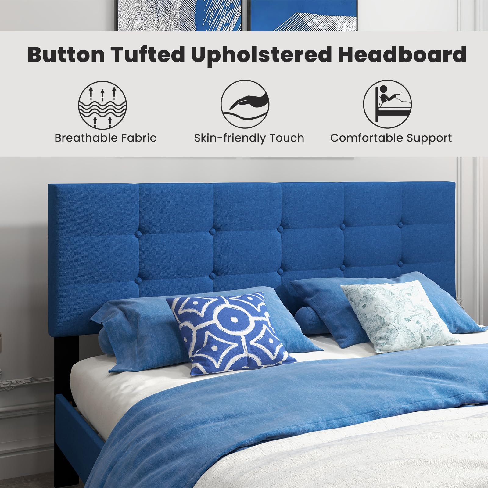 Giantex Platform Bed Frame with Button Tufted Headboard and Wooden Slats