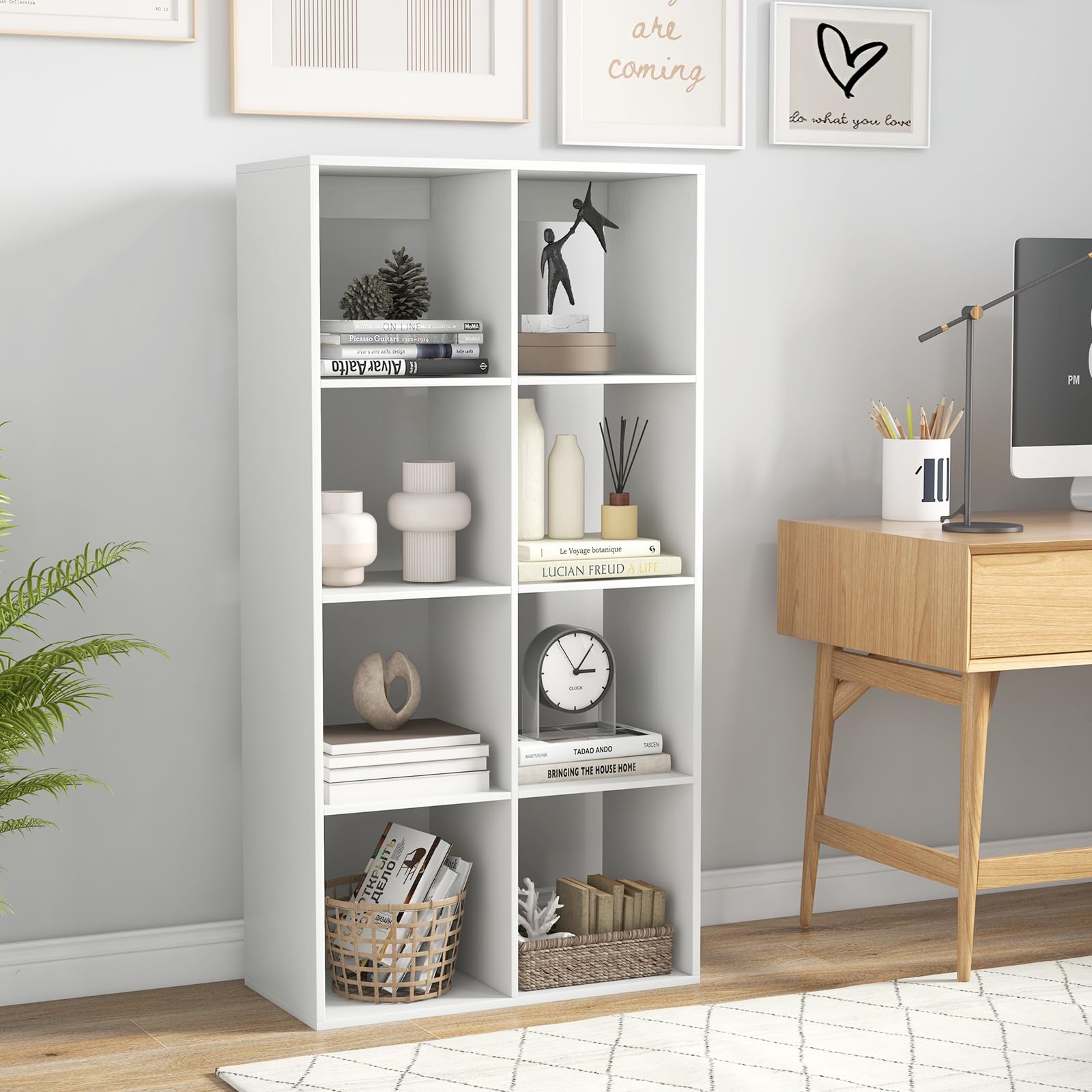 Giantex 8-Cube Bookcase, White Cubby Bookshelf w/Back Guardrail & Anti-Tipping Kits