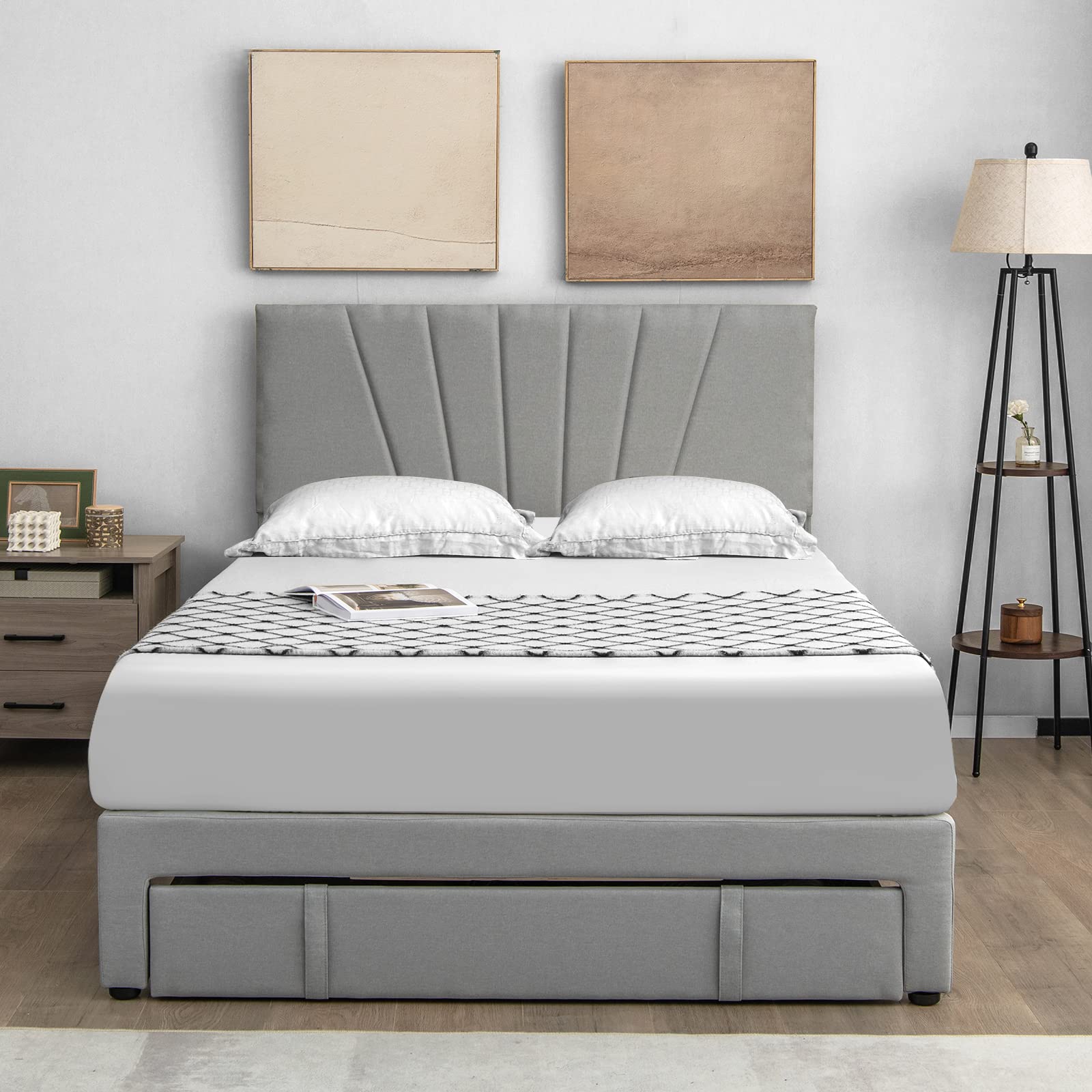 Giantex Upholstered Queen Bed Frame with Drawer, Modern Platform Bed with Storage & Adjustable Headboard