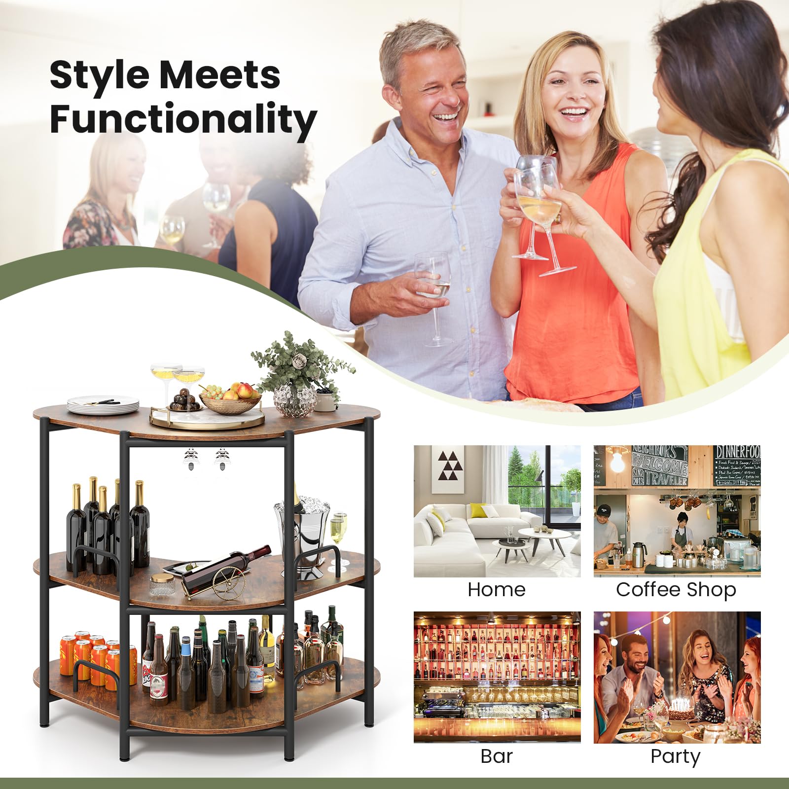 Giantex 3-Tier Bar Table, Corner Bar Cabinet, Liquor Home Bar Unit with Stemware Racks & Storage Shelves