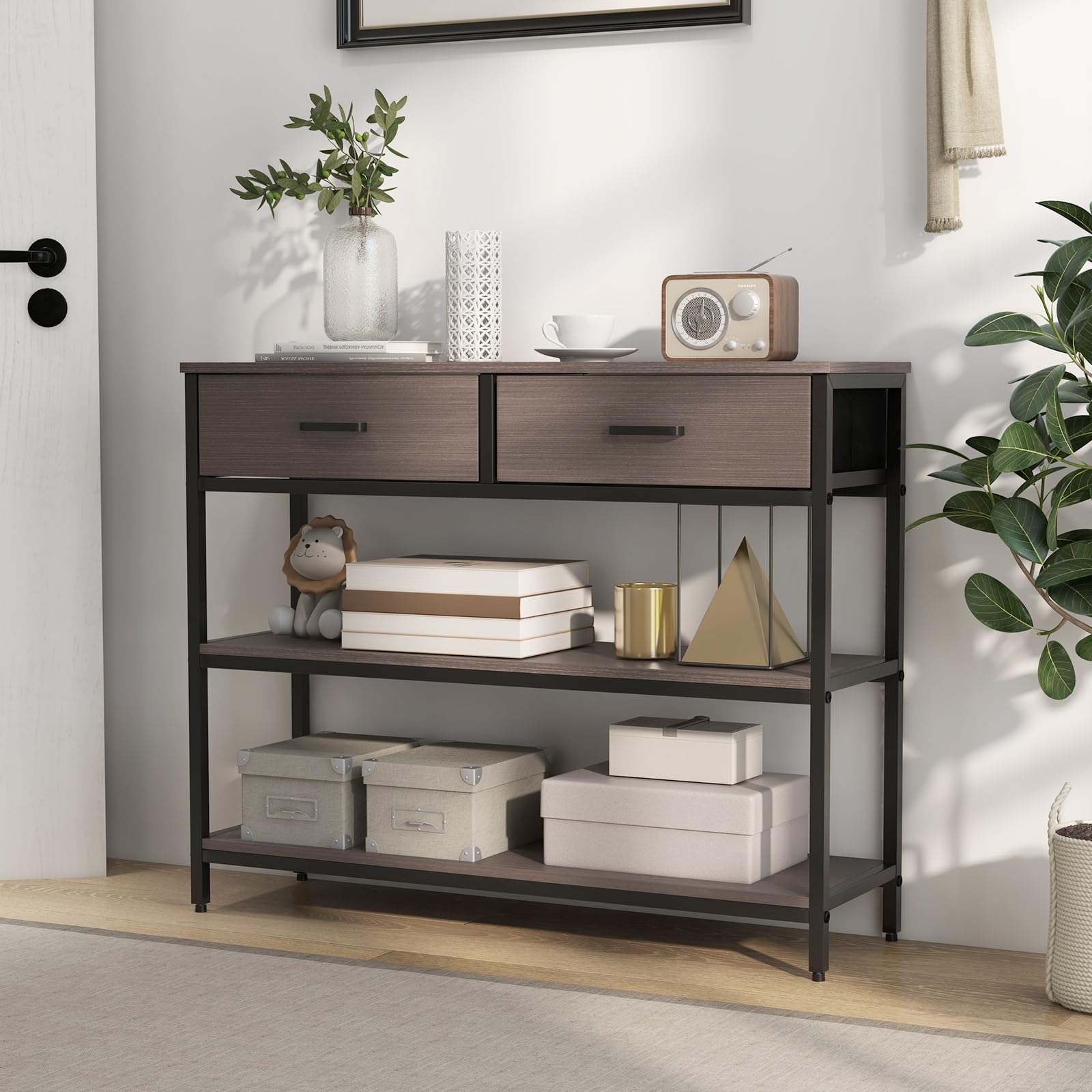 Giantex 3-Tier Entryway Table with Storage, Sofa Table w/ 2 Large Drawers, 2 Open Storage Shelves