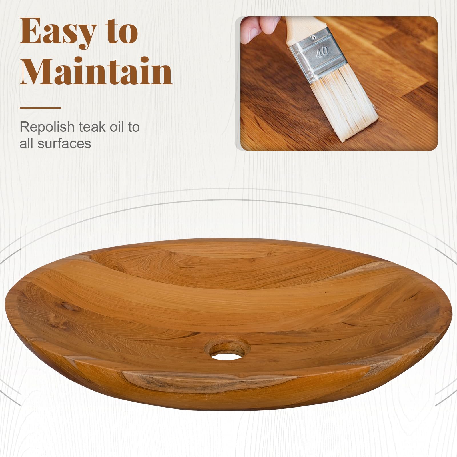 Giantex Teak Wood Vessel Sink - Bathroom Washbasin with Smooth Finish, No Assembly Art Basin (23.5” x 16” x 4.5”)