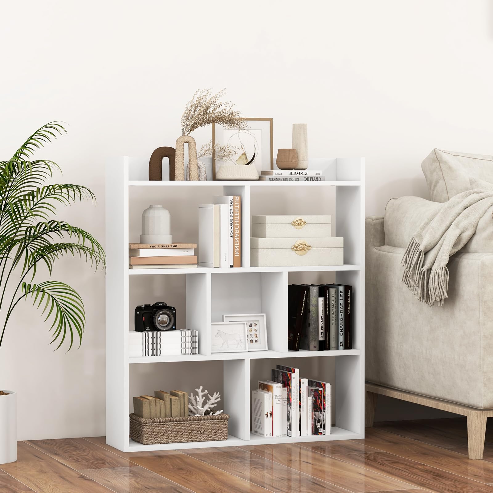 Giantex 7 Cube Bookshelf, Free-standing Wooden Bookcase, 4 Tier Home Display Shelf, Horizontal Storage Unit w/Anti-Toppling Devices