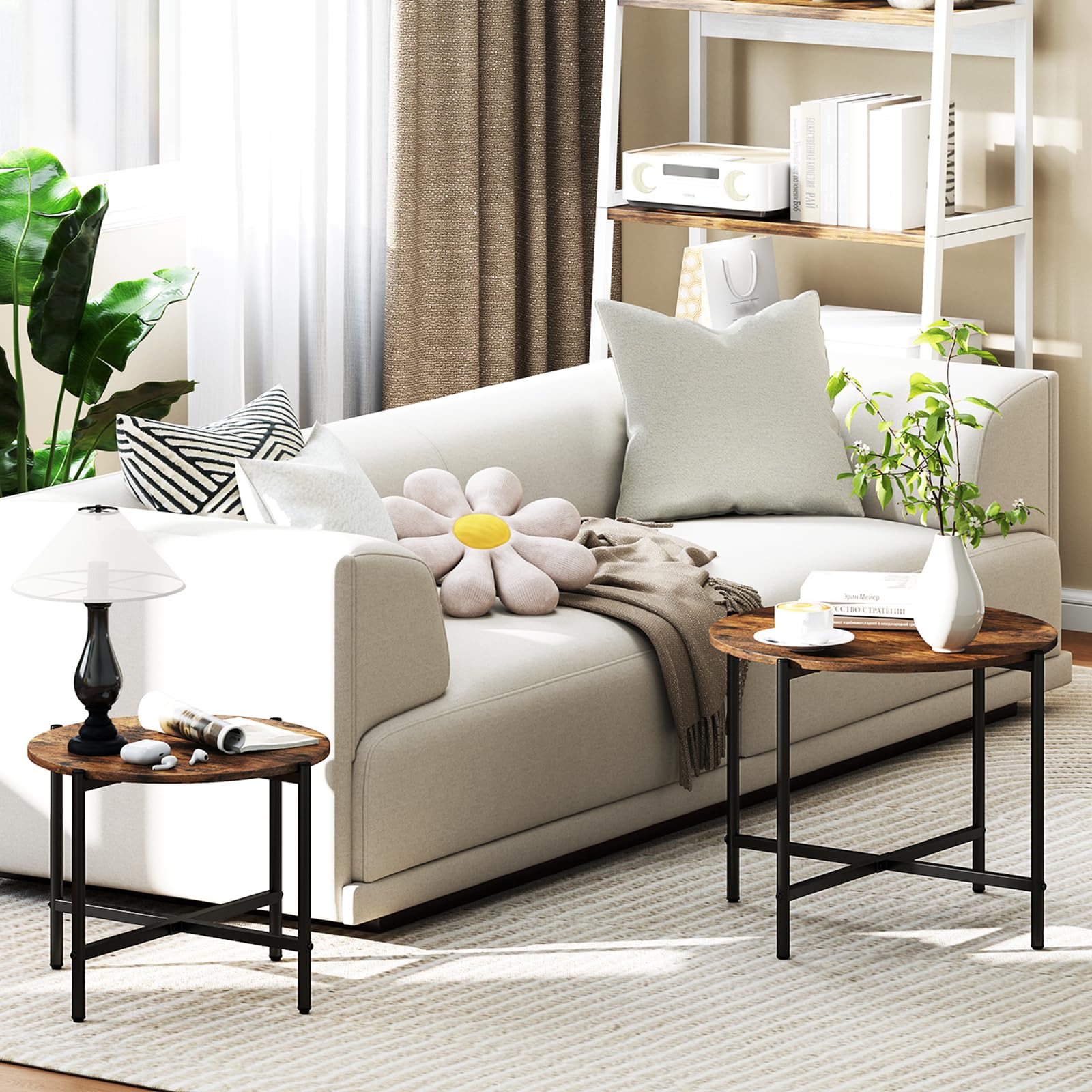 Giantex Round Coffee Table Set of 2, Nesting Tables with Metal Frame, Imitated Wood Grain Top
