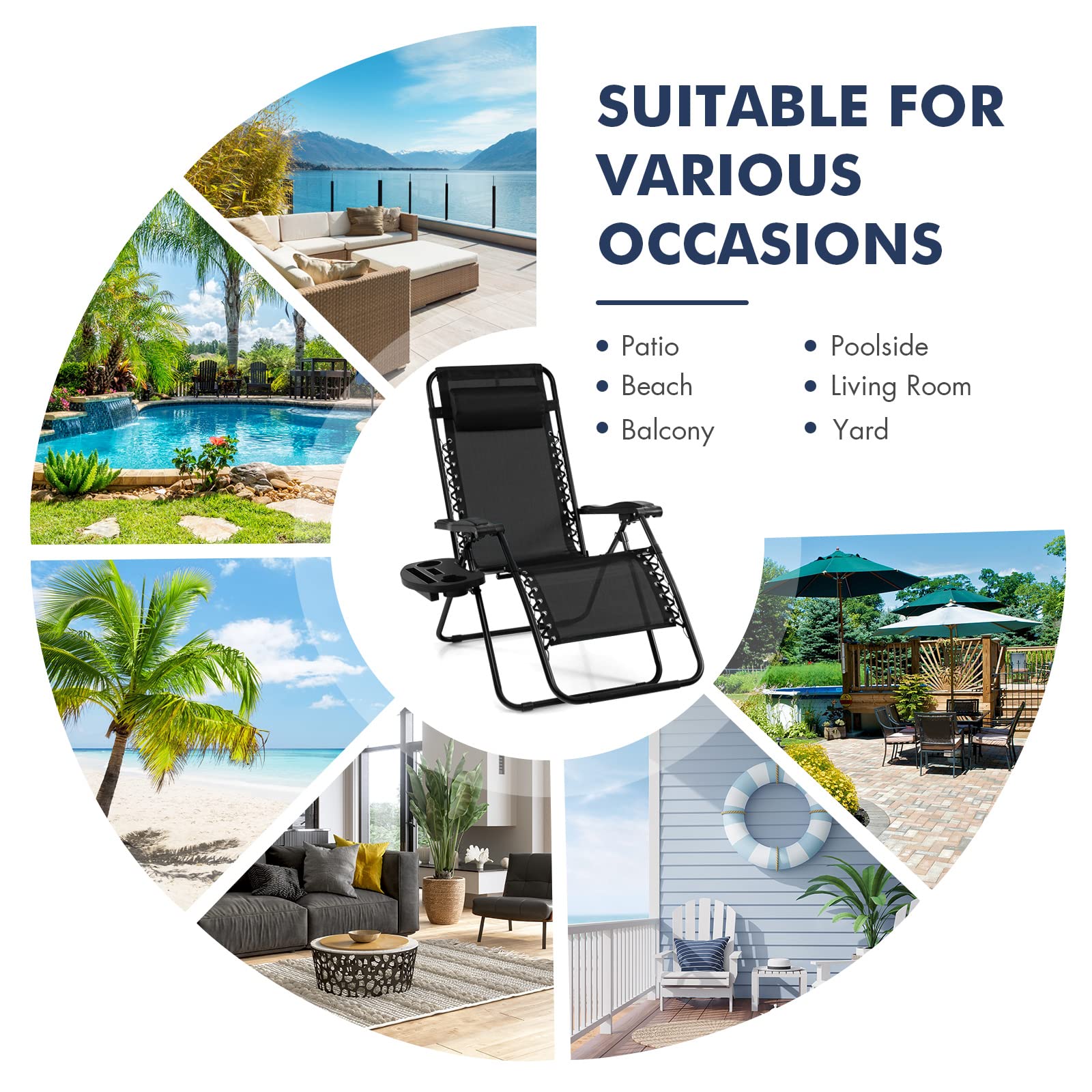 Outdoor Patio Recliner with Cup Holder & Removable Pillow