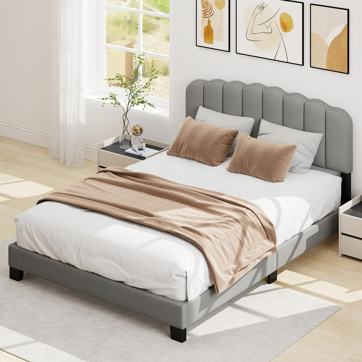 Giantex Queen Bed Frame Linen Upholstered Platform Bed with Adjustable Scalloped Tufted Headboard