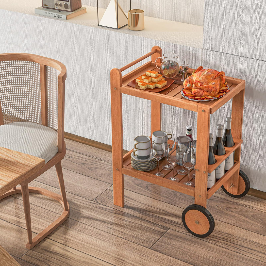 Giantex Wood Bar Cart, 2 Tier Side Table with Large Wheels & Wine Bottle Rack