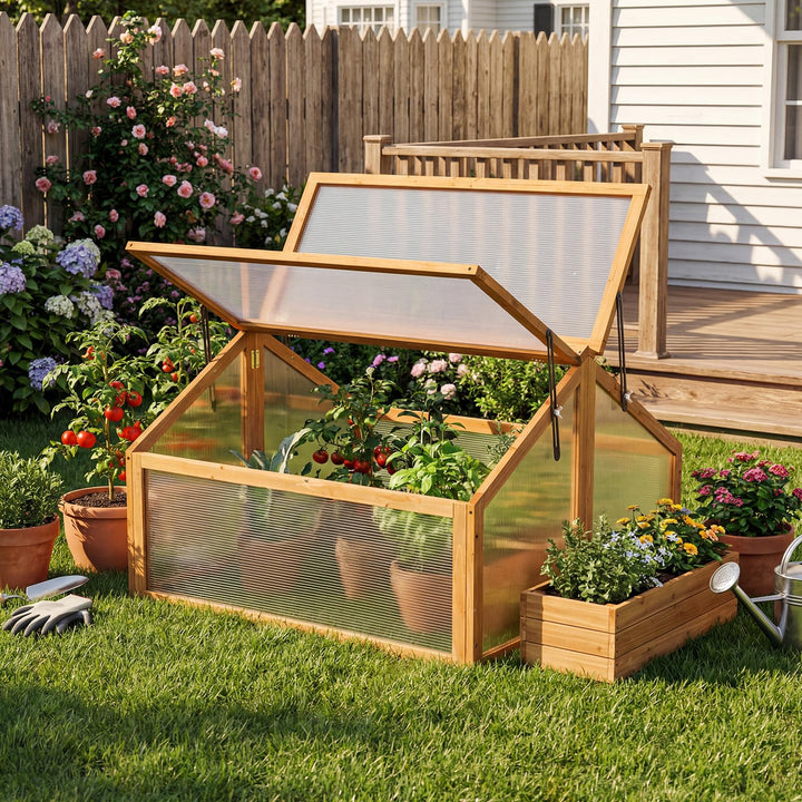 Ginatex Wood Cold Frame Greenhouse Portable Raised Flower Planter Protection with Transparent Openable Roof