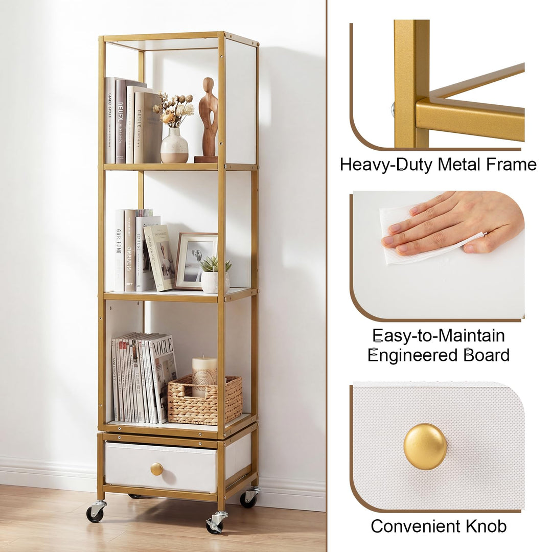 Giantex 4-Tier Rotating Bookshelf | 360° Spinning Corner Book Shelf Tower W/Removable Fabric Storage Drawer