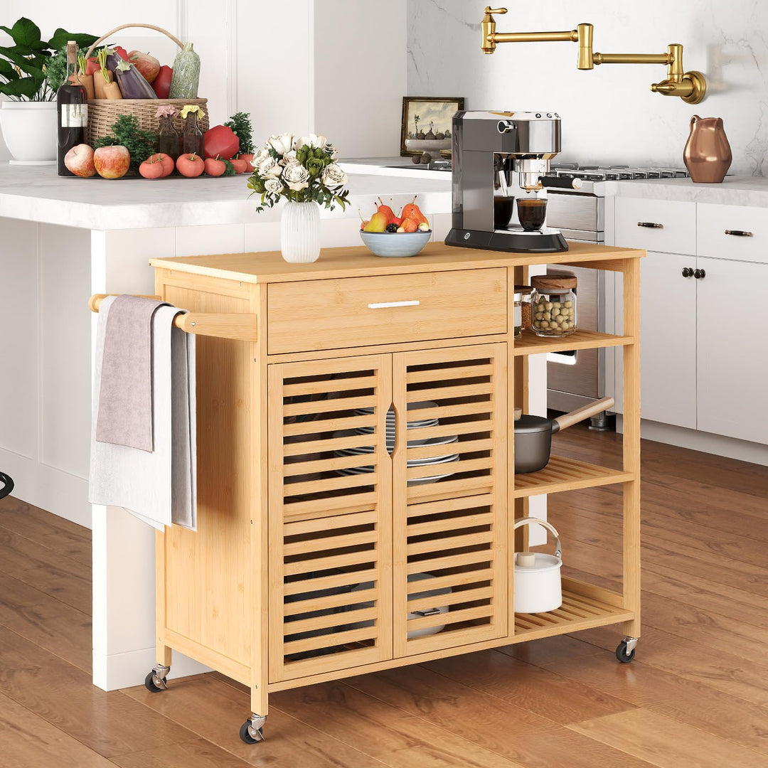 Giantex Bamboo Kitchen Island Cart with Drawer and Storage Cabinet