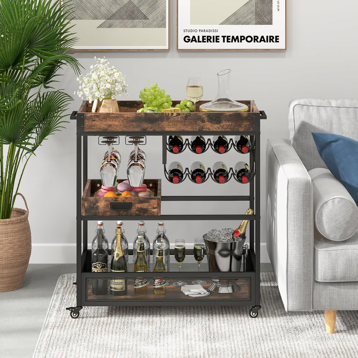 Giantex Rolling Bar Cart, 3-Tier Industrial Buffet Serving Cart with Wine Rack, Stemware Rack & Removable Tray