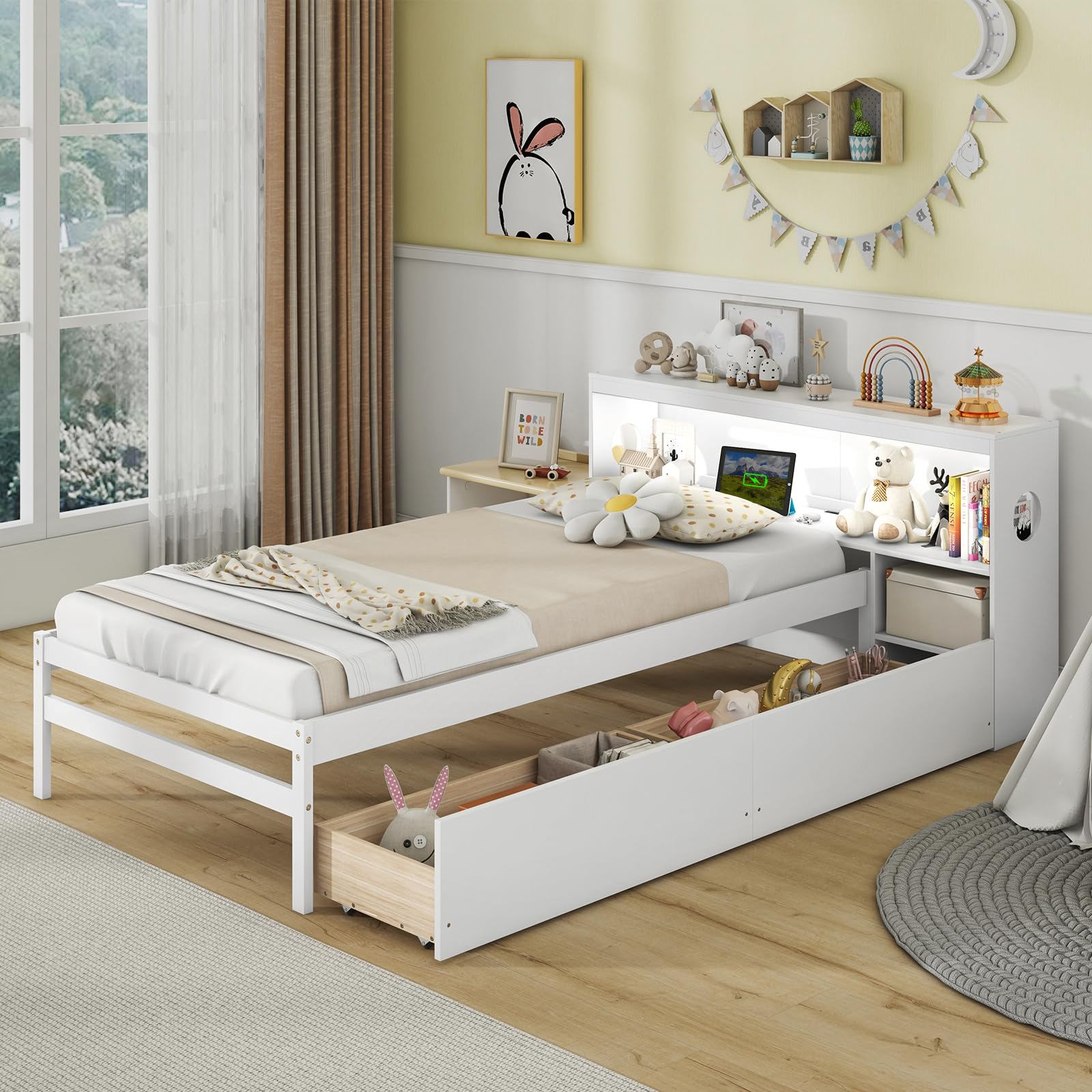 Giantex Wood Twin Bed Frame with Storage Drawer & Headboard, Modern Platform Bed with Charging Station & LED Light
