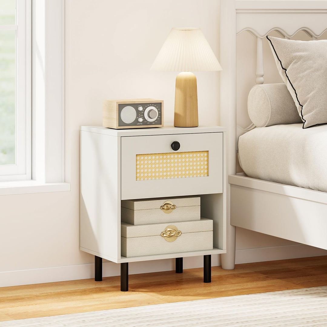 Giantex Rattan Nightstand Boho End Table with Rattan Drawer and Open Shelf