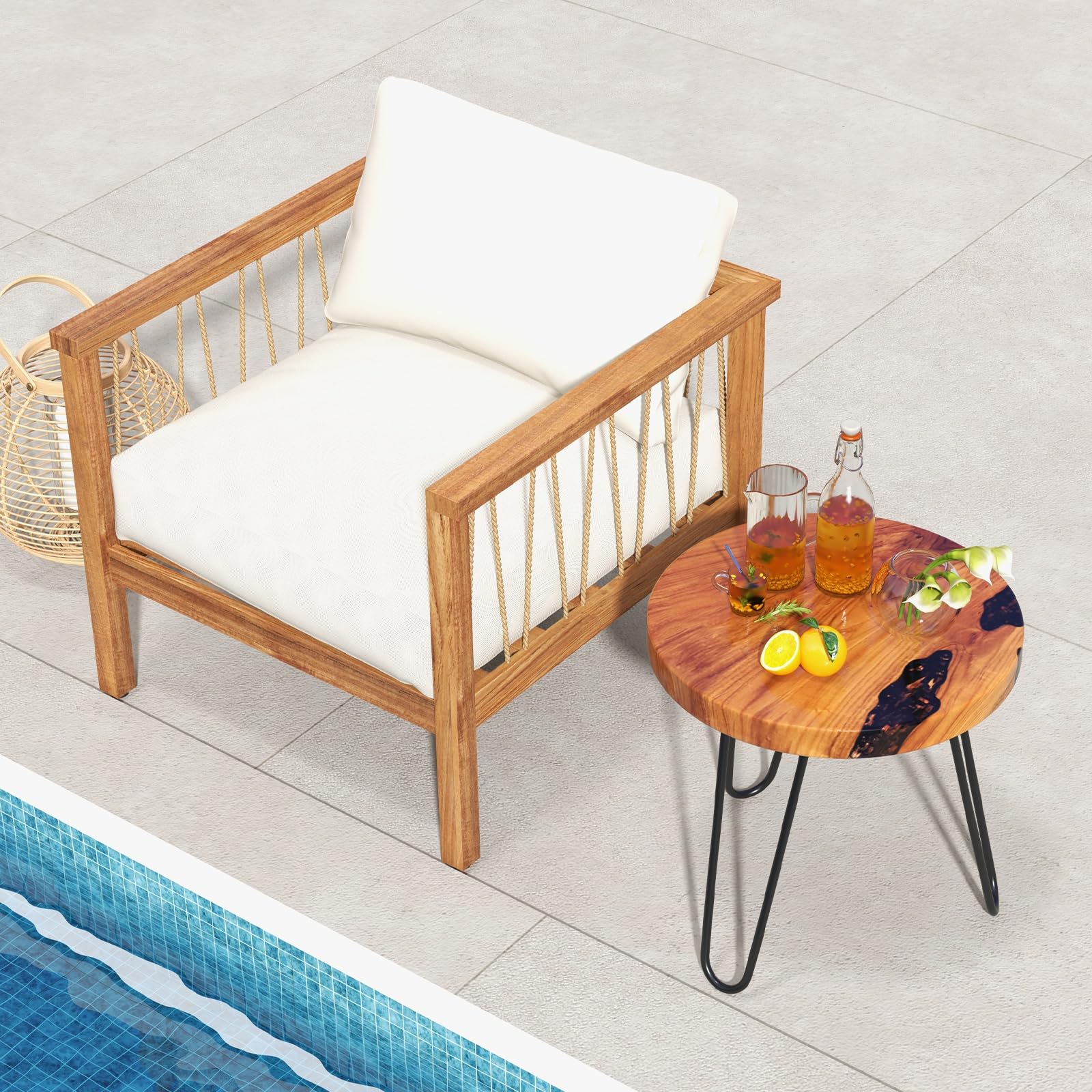 Giantex Outdoor Side Table Teak Wood - 20” Round End Table with Epoxy Resin Tabletop