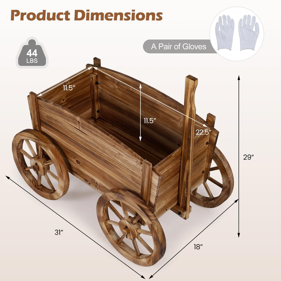 Giantex Wood Wagon Planter Rustic Rolling Flower Pot Stand