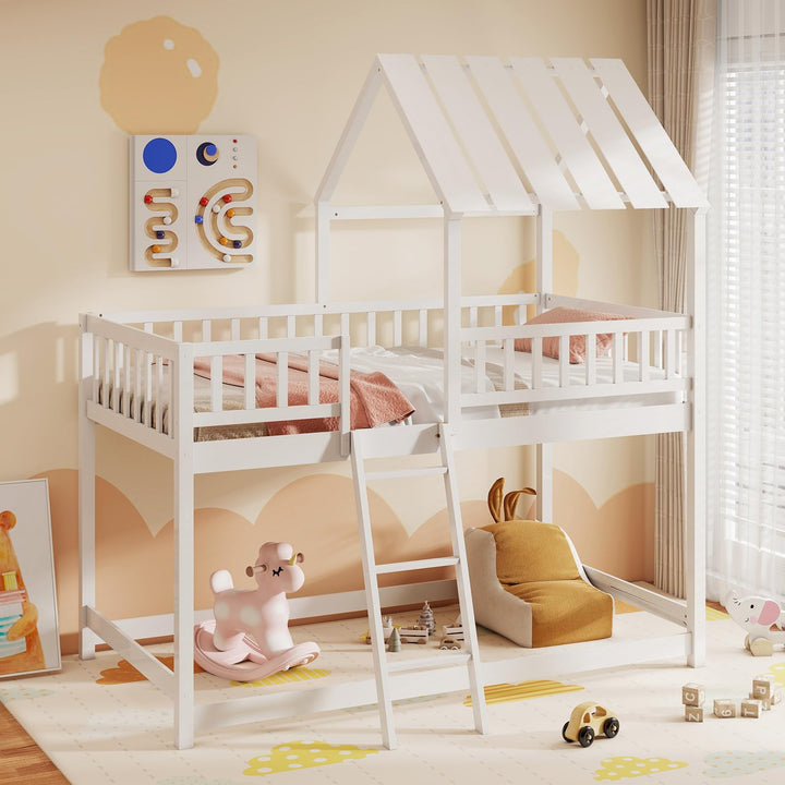 Twin Over Twin House Bunk Bed, Low Loft Bed Frame with Roof