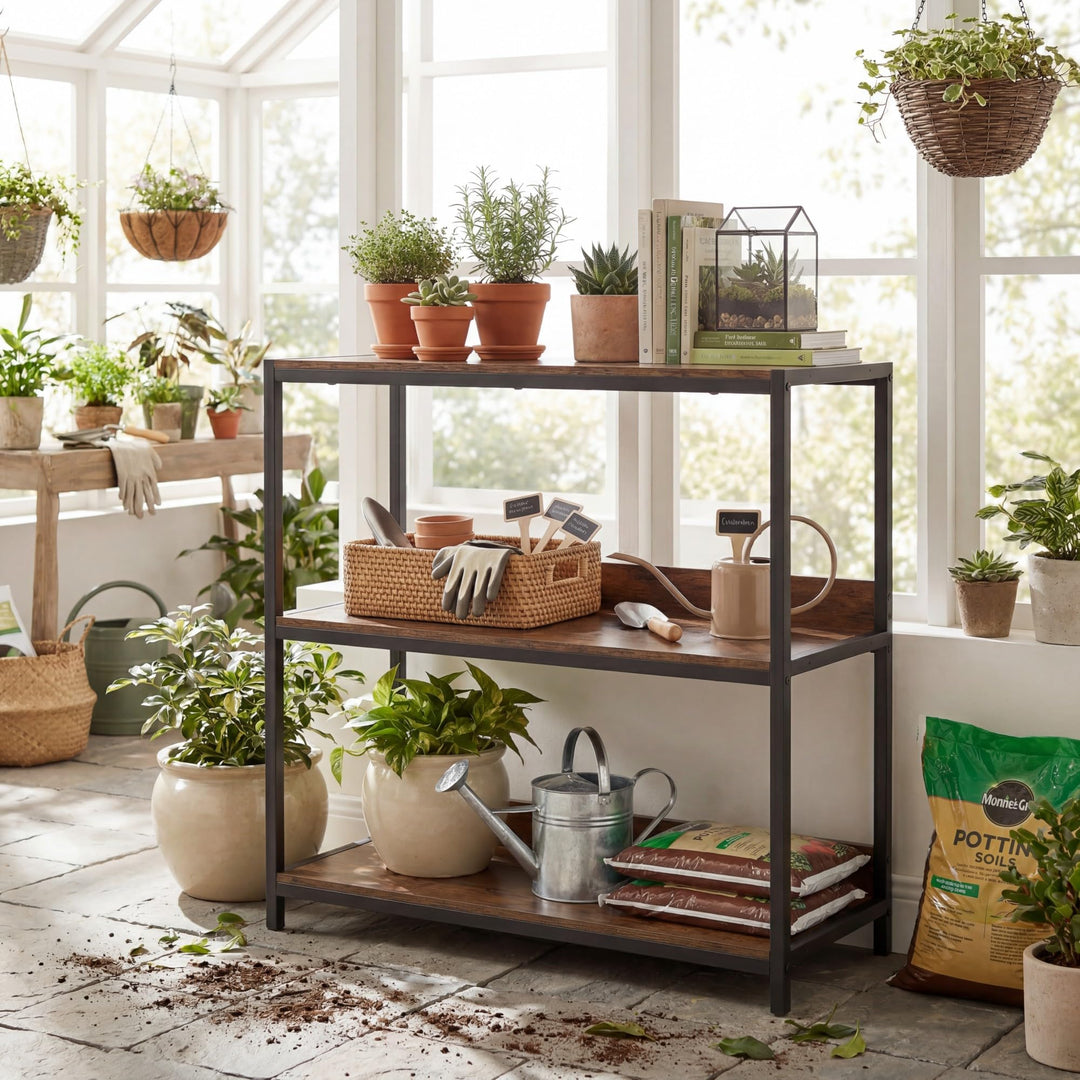 Giantex Industrial 3-Tier Small Bookshelf with Wooden Shelves and Metal Frame