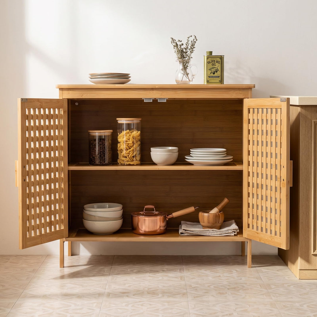 GIANTEX Freestanding Bamboo Bathroom Storage Cabinet with 2 Doors