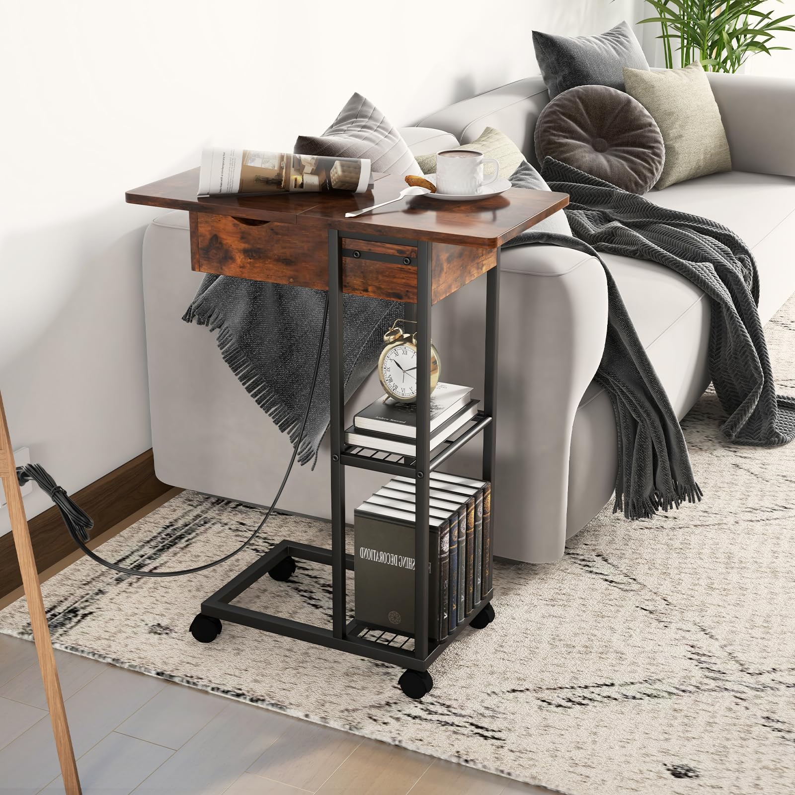 Giantex C-Shaped End Table with Charging Station Set