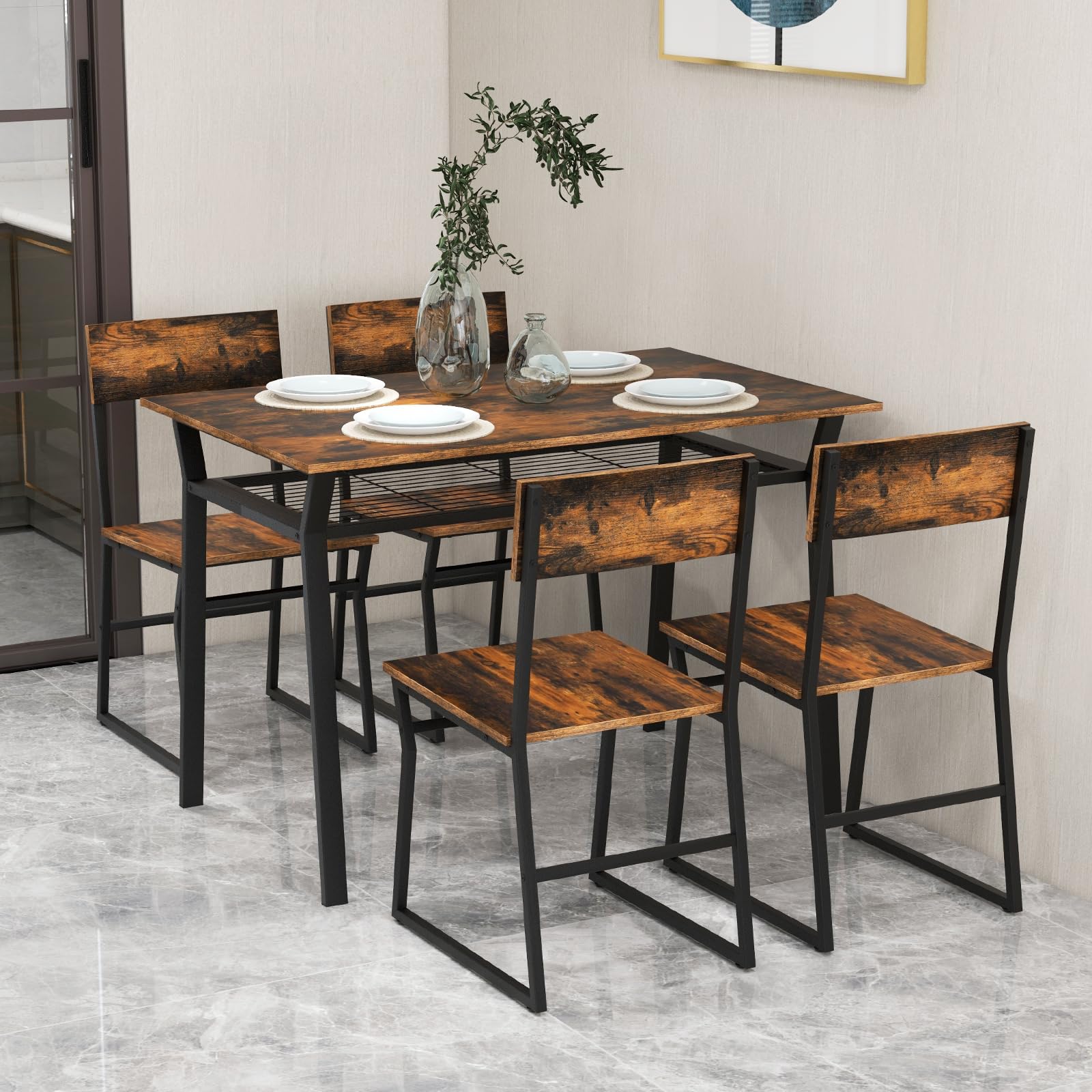 Giantex Dining Table Set for 4, 47”L x 28”W Rectangular Kitchen Table w/ 4 Trapezoid Chairs
