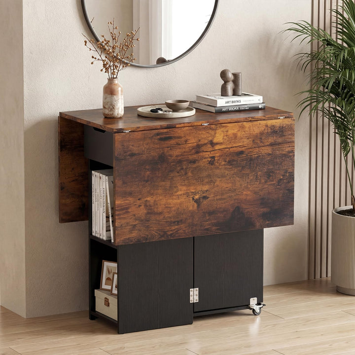 Giantex 47.5" Folding Dining Table | Drop Leaf Wooden Dinner Table with 2-Tier Storage Shelf and Drawer