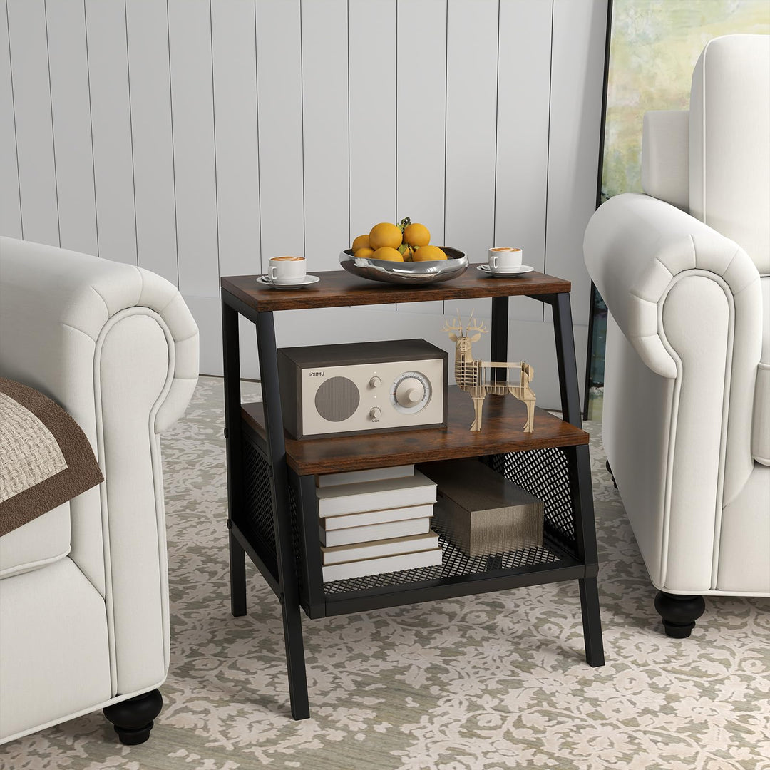 Giantex Industrial Nightstand 3-Tier End Table with 2 Open Shelves and Metal Mesh Compartment