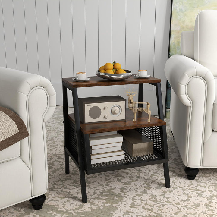 Giantex Industrial Nightstand 3-Tier End Table with 2 Open Shelves and Metal Mesh Compartment