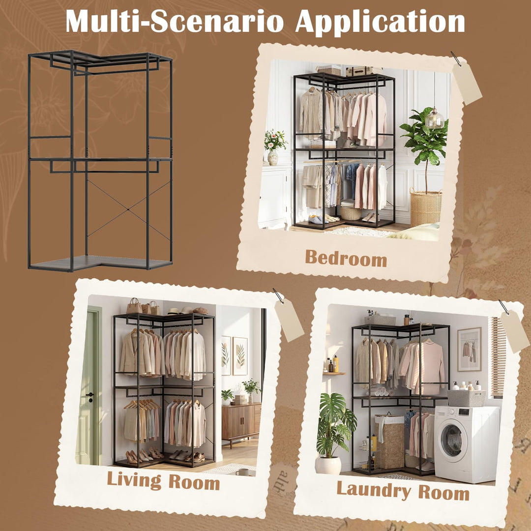 Giantex Heavy Duty Clothes Rack | 3-Tier L-Shaped Garment Rack w/3 Open Shelves &amp; 2 Hanging Racks