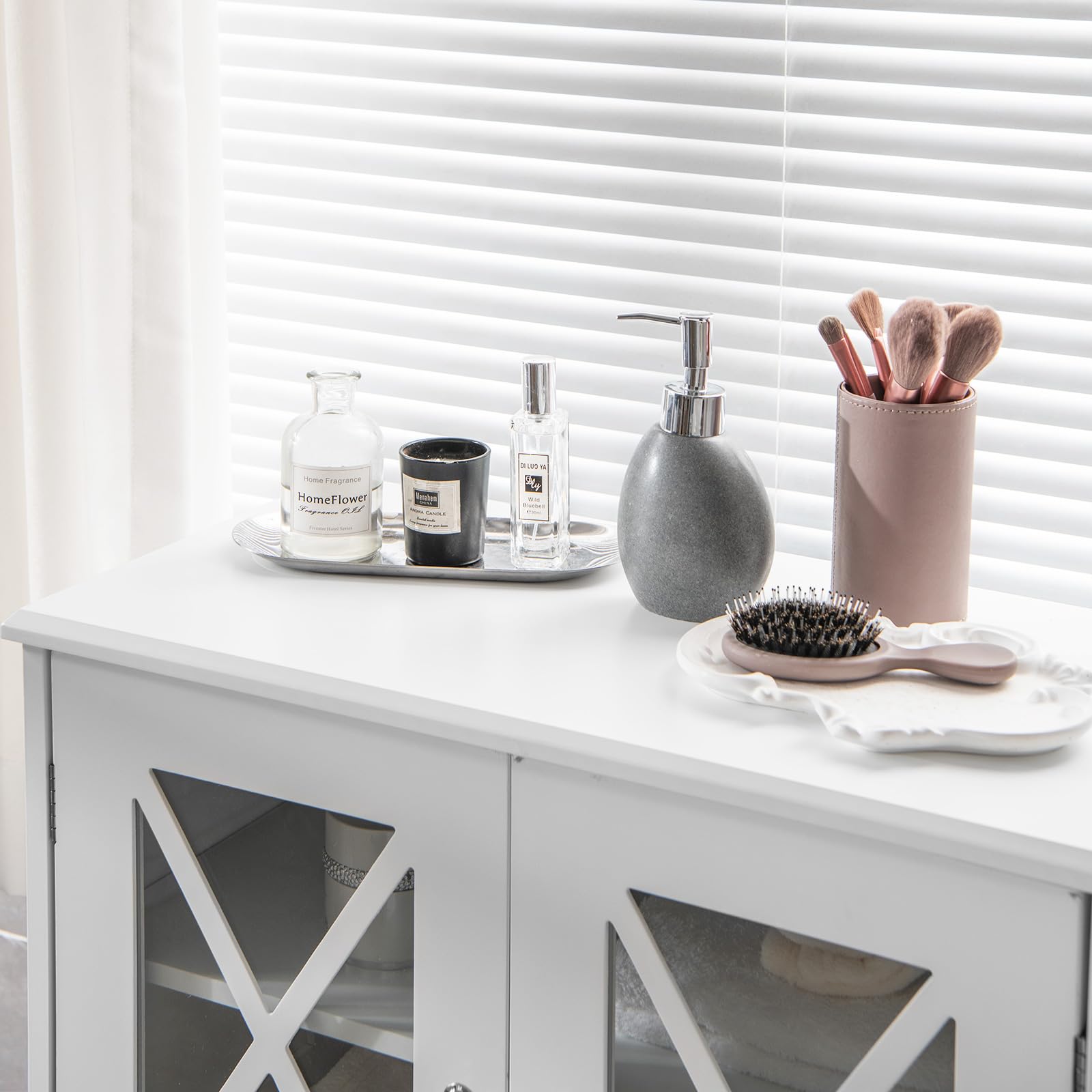 Giantex Bathroom Floor Storage Cabinet - Linen Floor Cabinet with Doors and Adjustable Shelves