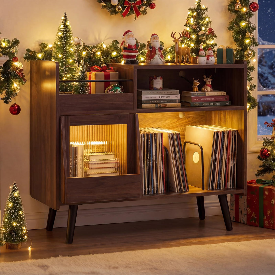 Giantex Record Player Stand with LED Light and Power Outlets Large Turntable Stand with Sliding Door