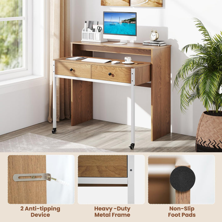 Giantex Small Computer Desk with Hutch & Drawers