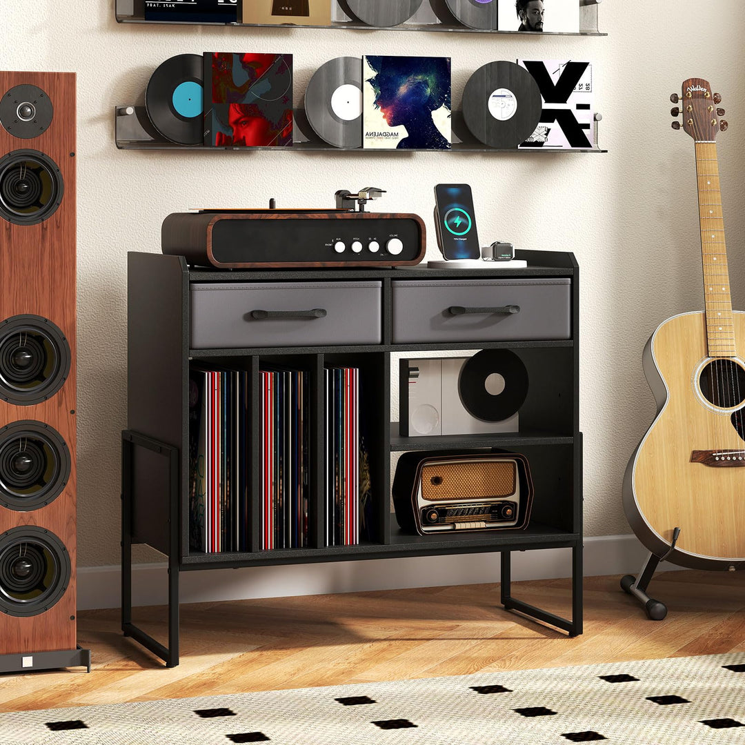 Giantex Large Record Player Stand with Charging Station Mid Century Modern Vinyl Storage Cabinet