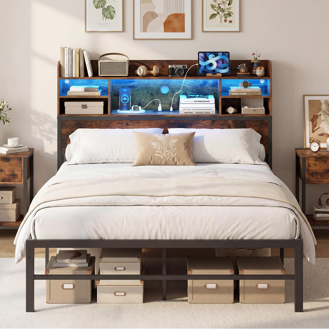 Giantex Full Size Industrial Metal Bed Frame with LED Lights &amp; Charging Station