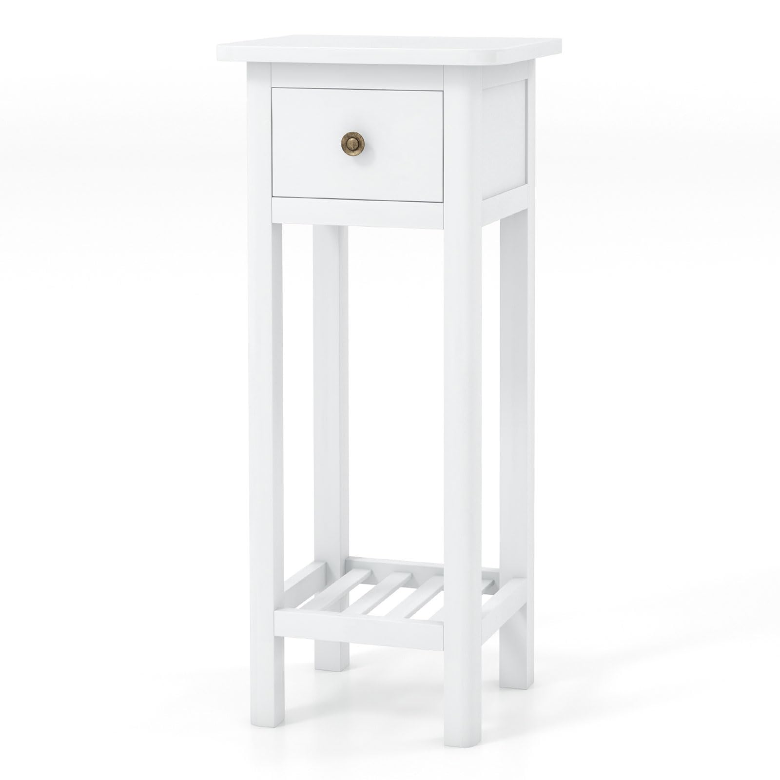Giantex Narrow End Table with Drawer, Tall Acacia Wood Side Table with Bottom Shelf, Modern Bedside Tables