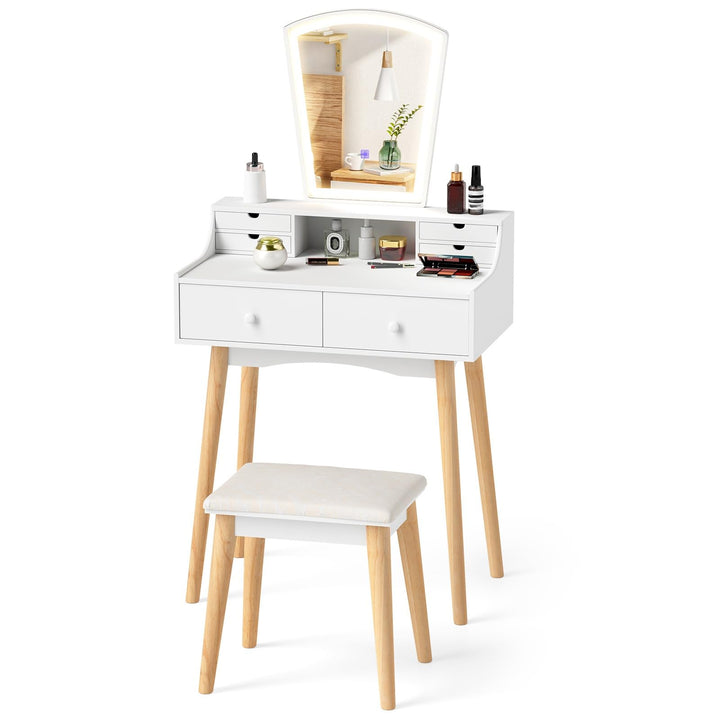 Small Vanity Desk with Mirror and Lights, White Makeup Vanity Desk with 6 Drawers
