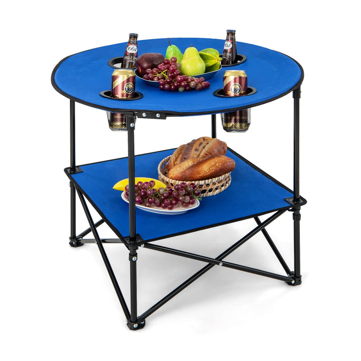 Giantex Folding Camping Table, 2-Tier Portable Picnic Table w/Carrying Bag, 4 Cup Holders