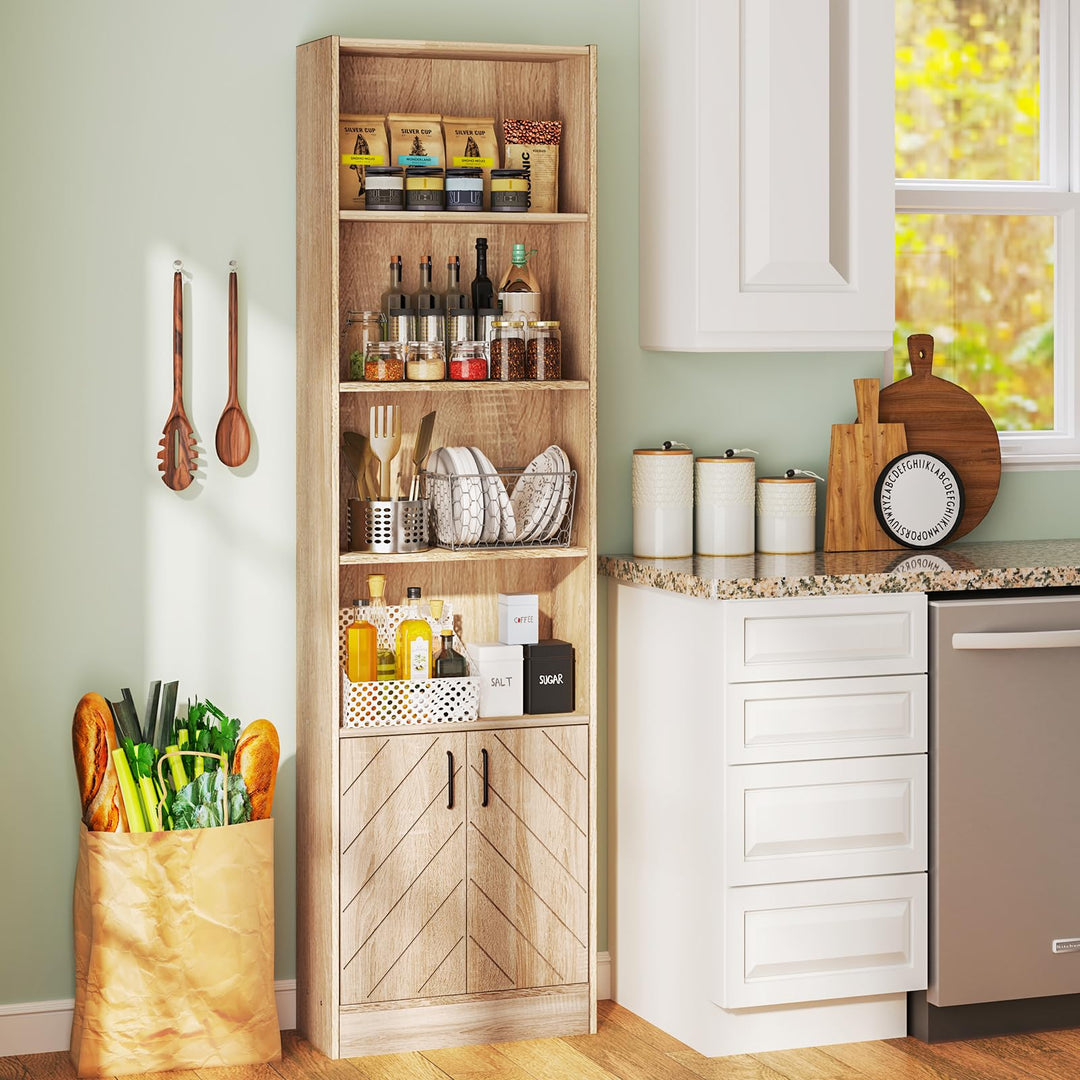 Giantex 6-Tier Bookshelf with Double Doors, 71" Tall Bookcase w/ 4 Open Cubes & 3 Adjustable Shelves