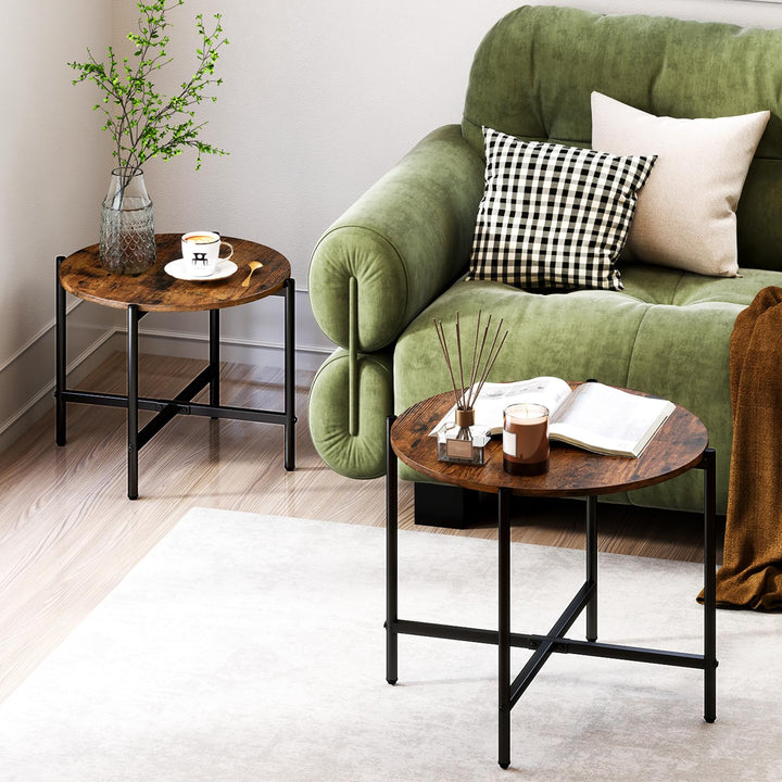 Giantex Round Coffee Table Set of 2, Nesting Tables with Metal Frame, Imitated Wood Grain Top