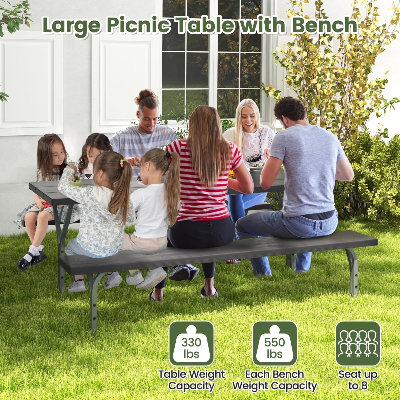 Giantex Picnic Table 6FT for 8 Person, Outdoor Table Set w/ 2 Benches