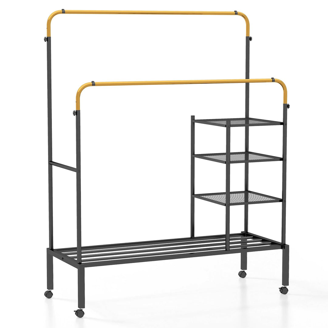 Giantex Double Rods Garment Rack with Wheels, Clothing Rack w/ 2 Hanging Height Adjustable Rods, Side Mesh Racks