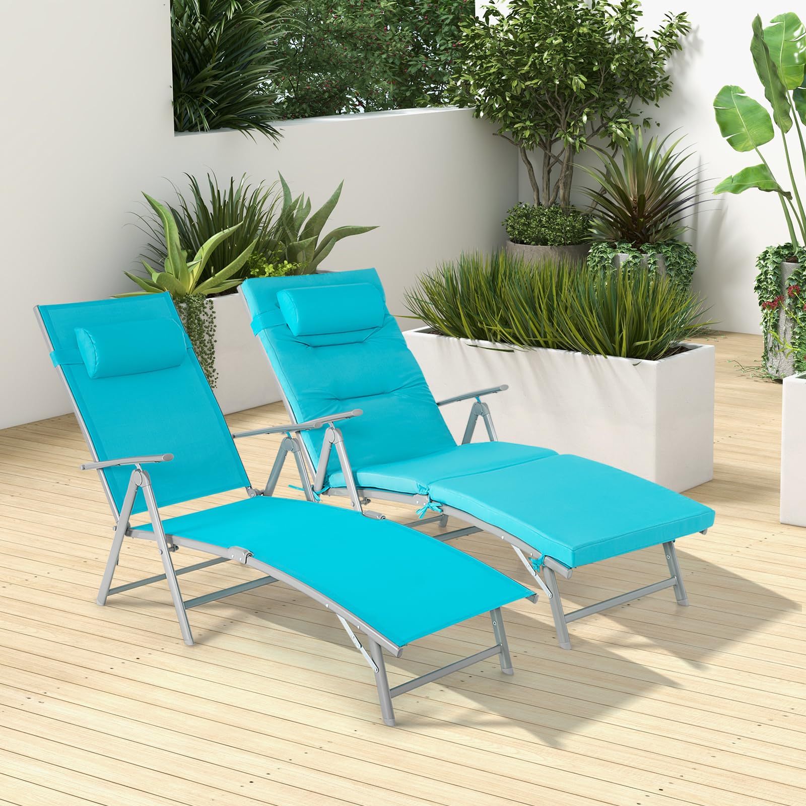Giantex Folding Chaise Lounge Chair - Outdoor Reclining Chair with Removable Seat Cushion, Headrest Pillow
