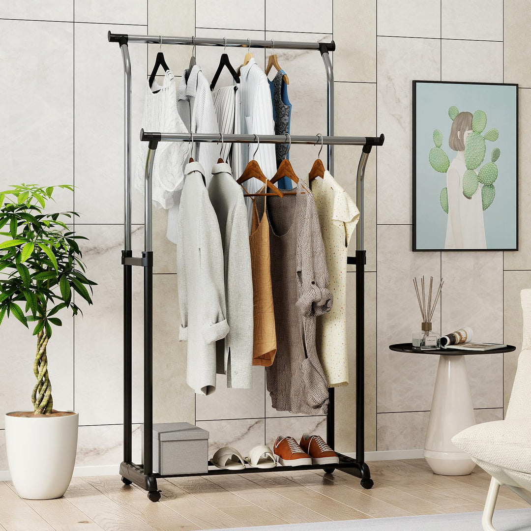 Giantex Double Rod Clothing Rack with Adjustable Height & Wheels